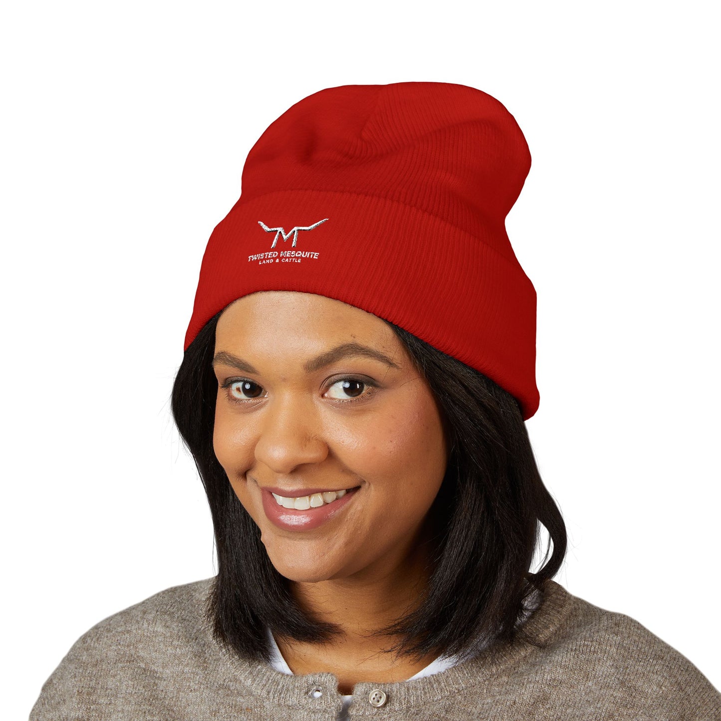 Embroidered Cuffed Beanie — Minimal Longhorn Logo Knit Hat