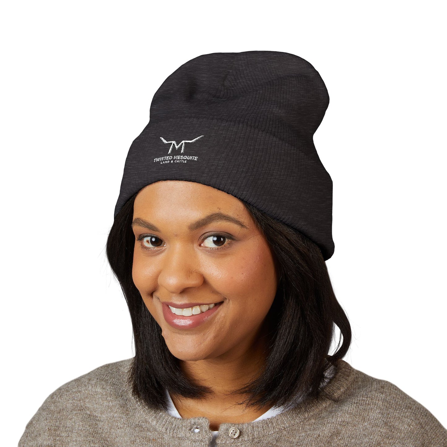 Embroidered Cuffed Beanie — Minimal Longhorn Logo Knit Hat
