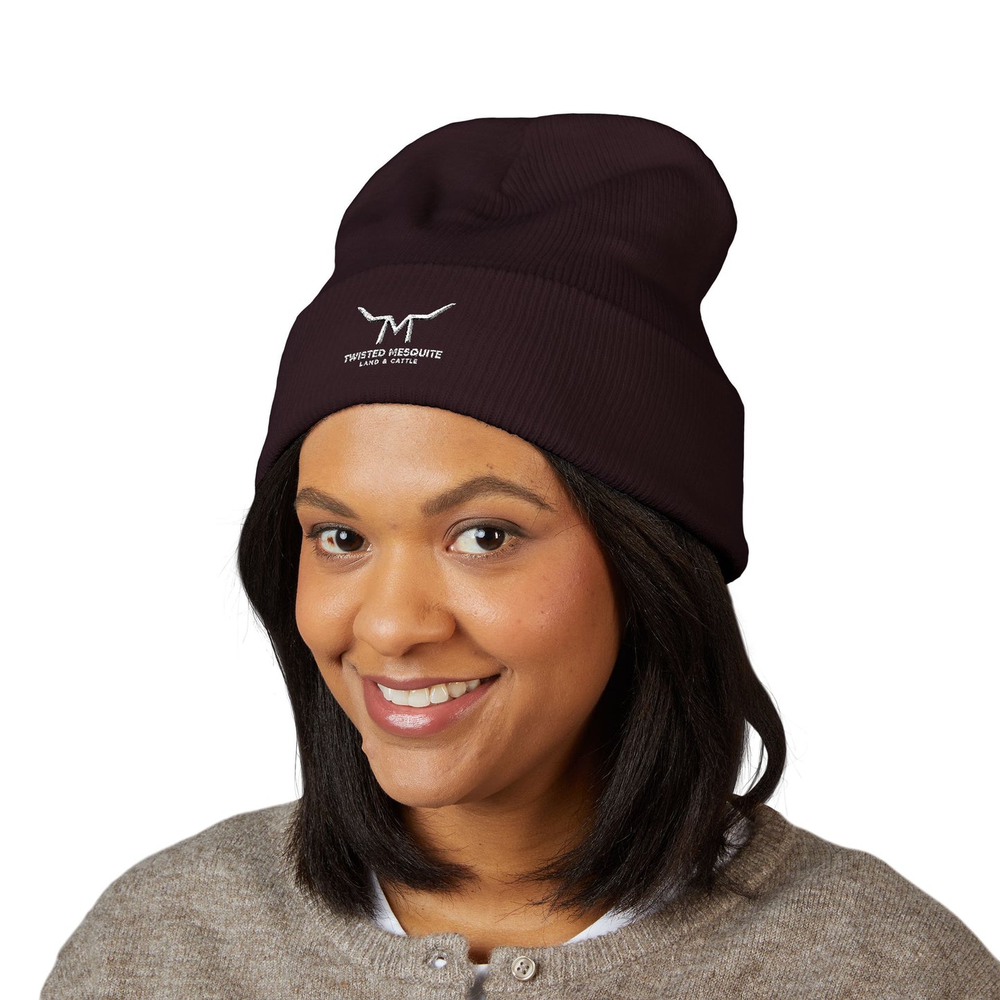 Embroidered Cuffed Beanie — Minimal Longhorn Logo Knit Hat