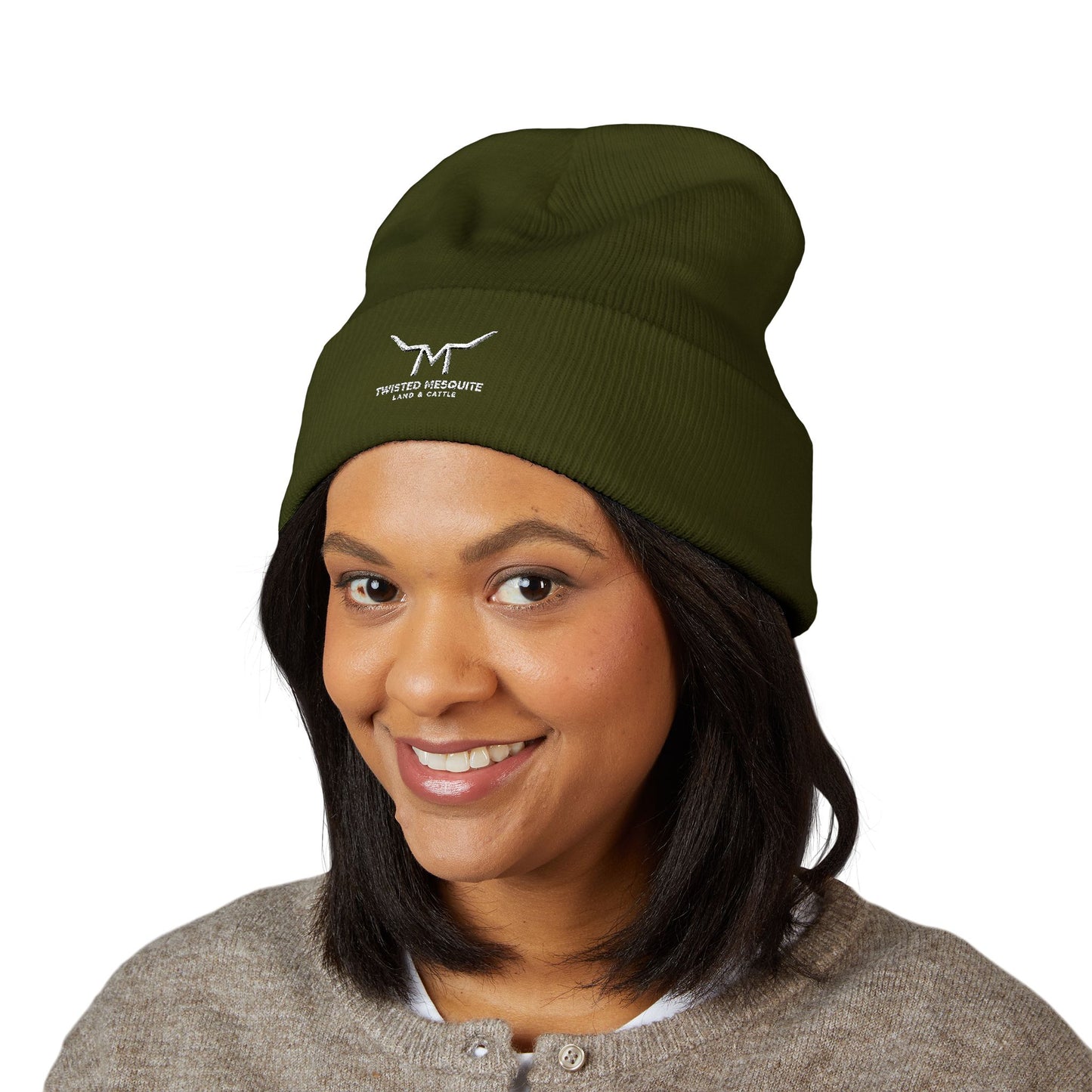 Embroidered Cuffed Beanie — Minimal Longhorn Logo Knit Hat