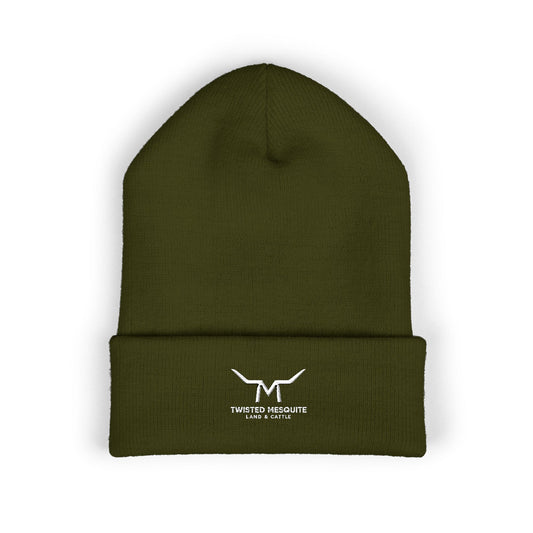 Embroidered Cuffed Beanie — Minimal Longhorn Logo Knit Hat